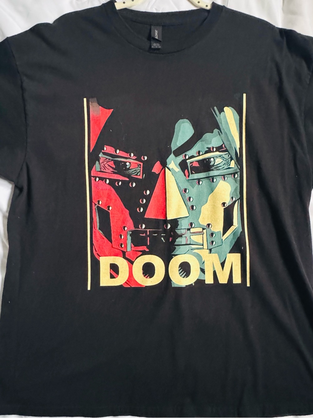 Gildan Black Tee with Red, Teal, and Yellow Dr. DOOM Mask Graphic